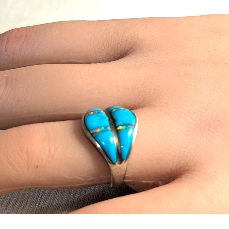 VTG Hallmark Stamped 'Feather Sterling' Turquoise Opal Inlay Ring Sz 6.5-6.75