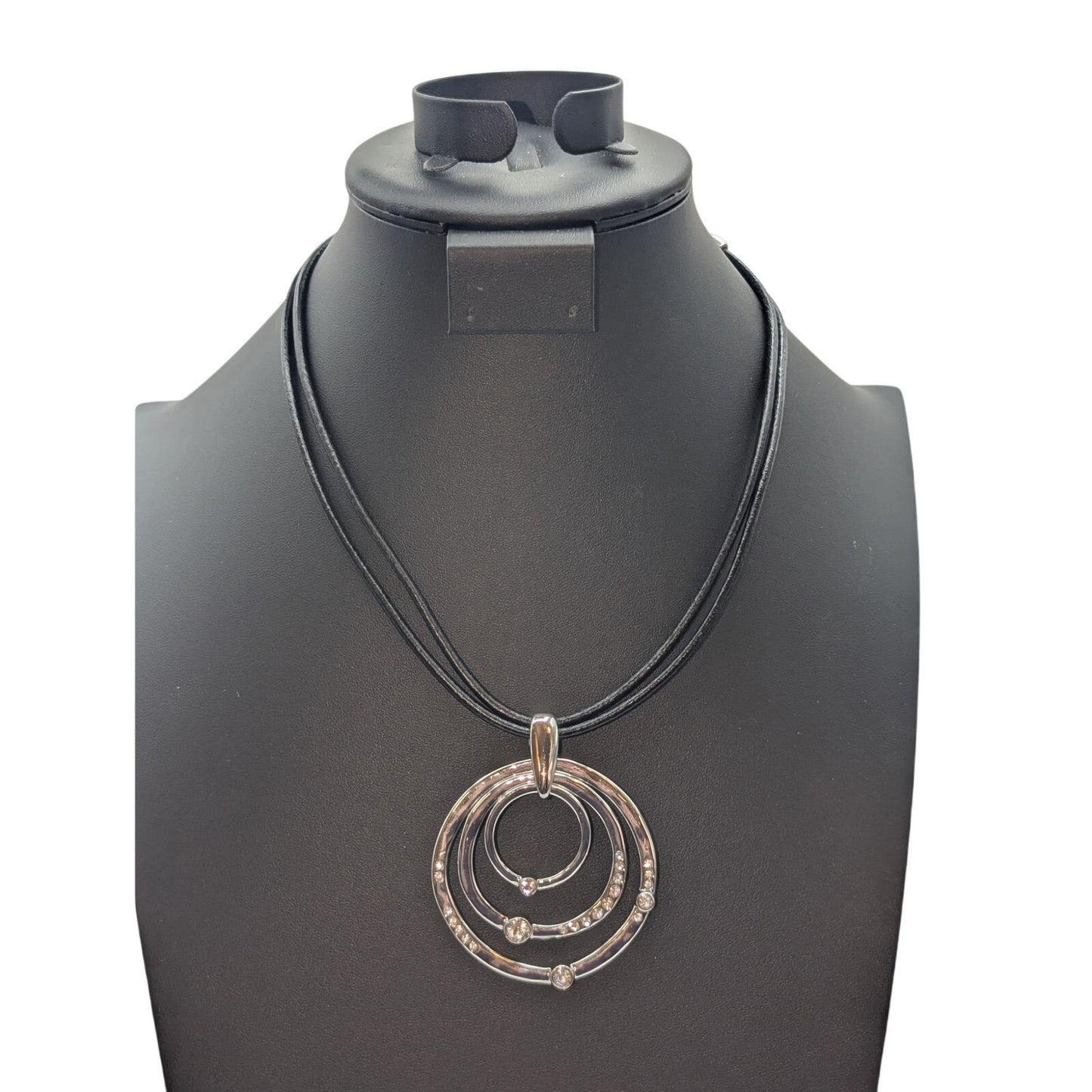 Chico's NWT Black Corded Hammered Silver Tone Rhinestone Circle Pendant Necklace