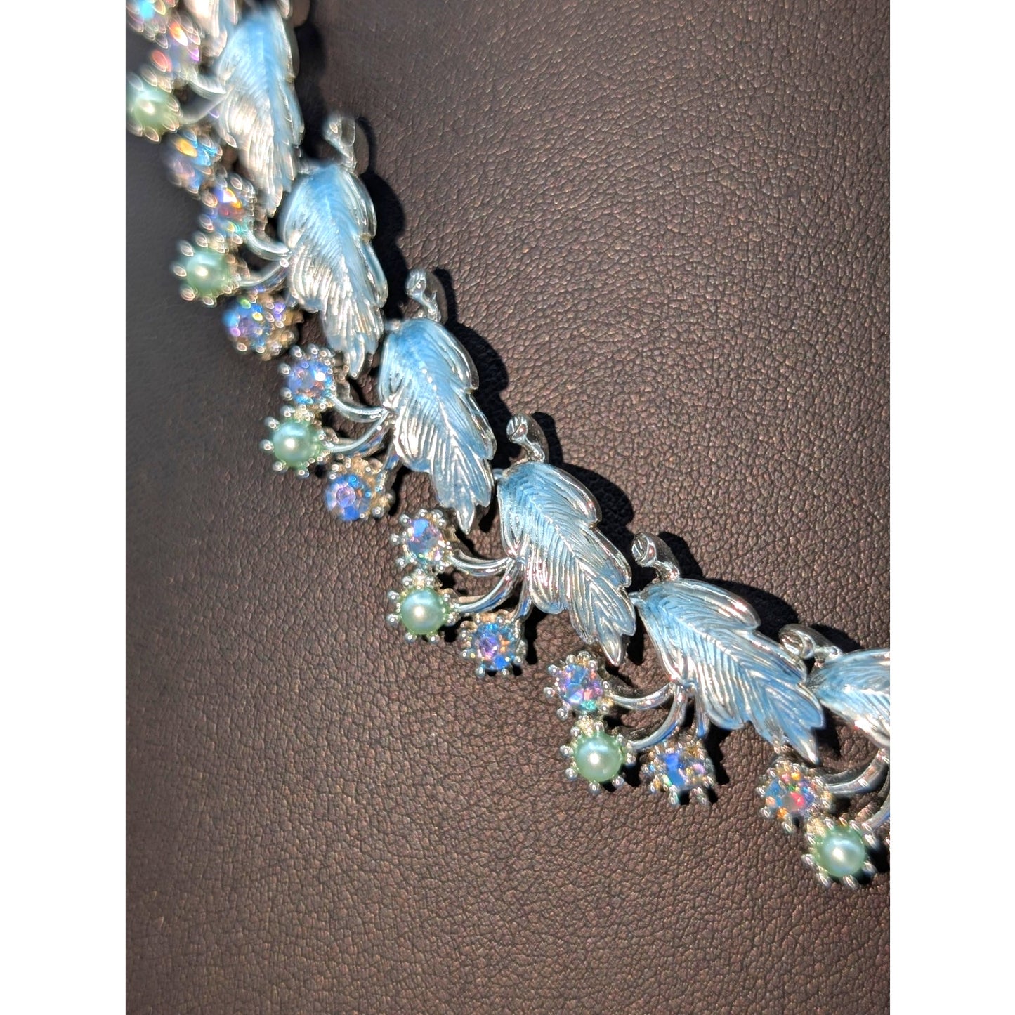 Vintage 50s Blue Leaf AB Crystal Pearl Silver Tone Hook Clasp 19" Chain Necklace