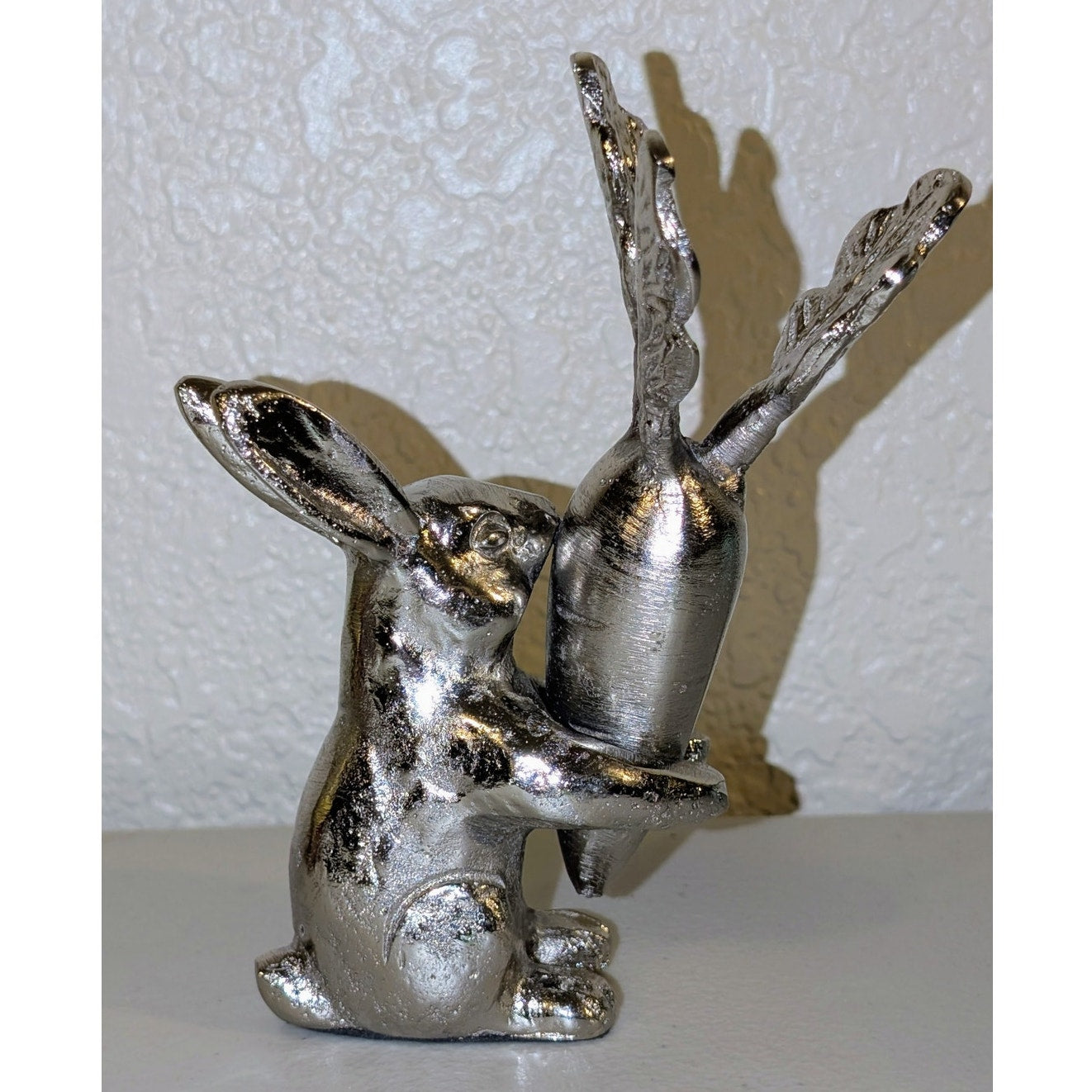 Silver Tone Solid Rabbit Hugging Carrot Figurine 6"