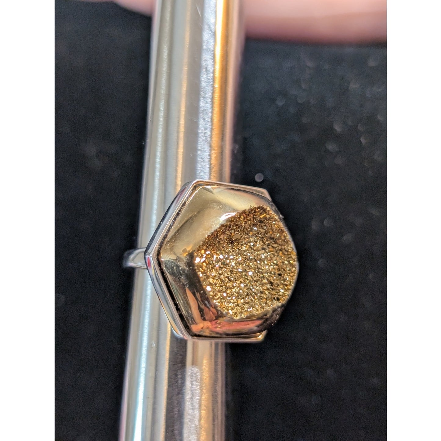 Chunky Hexagon Gold Druzy Quartz Two Tone Sterling Silver Ring Size 8