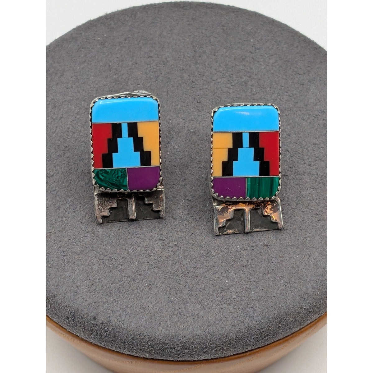 Vtg Hand-Signed Cursive 'Jackson Sterling' Silver Gemstone Inlay Post Earrings