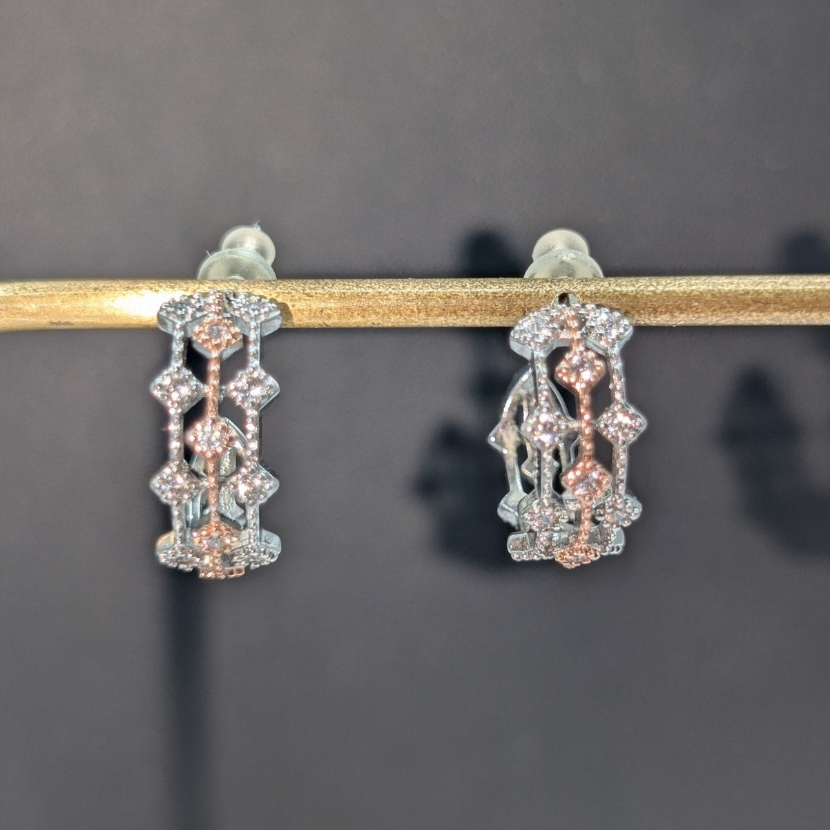 PAJ 925 Sterling Rose & Silver CZ Fancy Half Hoop Earrings
