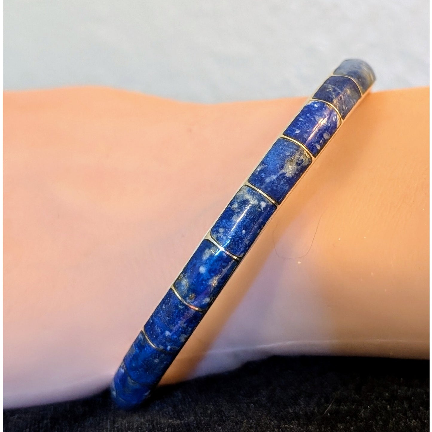 Vintage 950 Sterling Silver Lapis Lazuli Inlay Round Bangle Bracelet