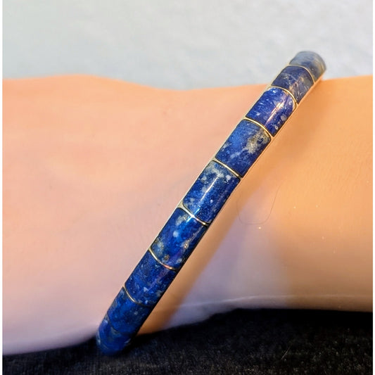 Vintage 950 Sterling Silver Lapis Lazuli Inlay Round Bangle Bracelet