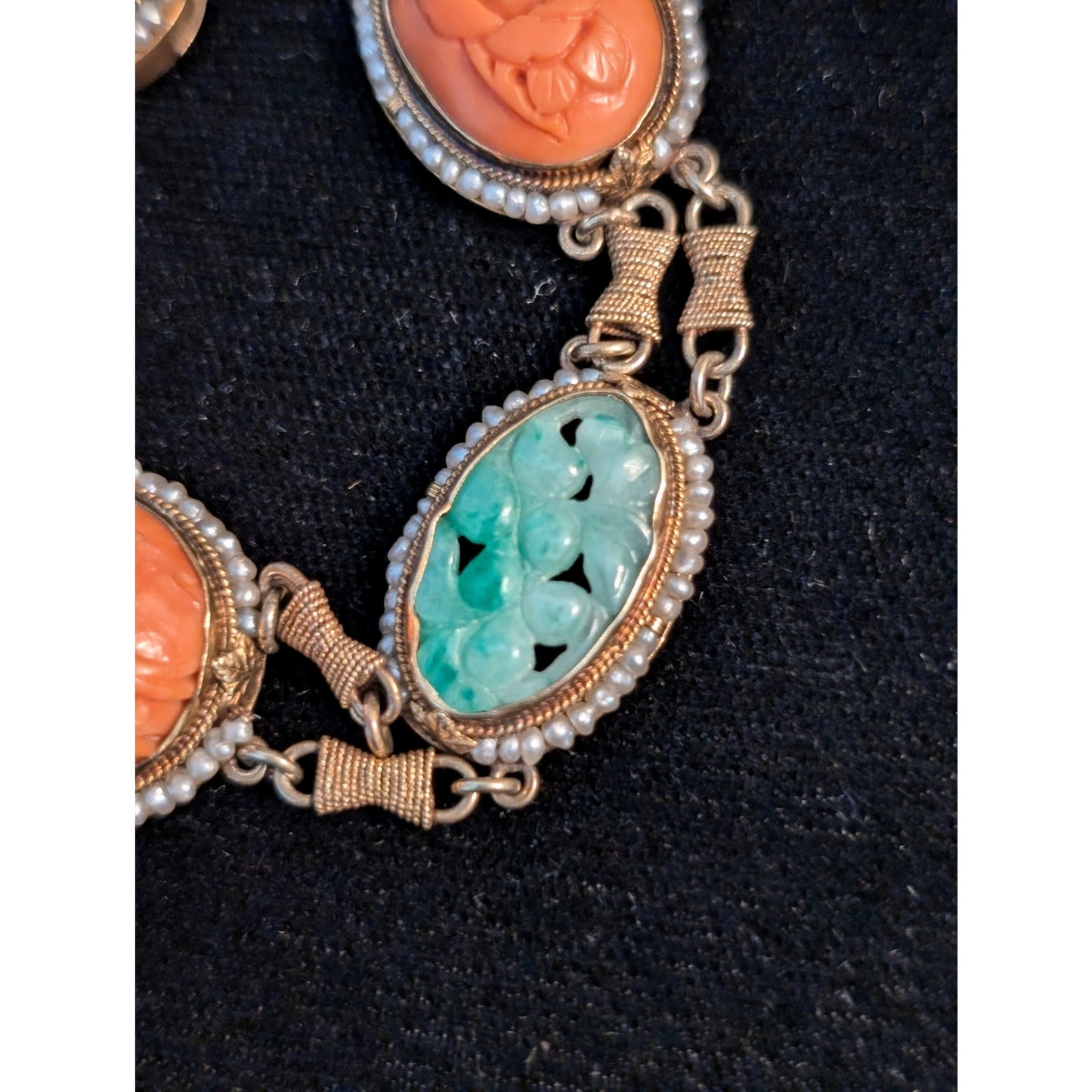 Antique Carved Green Jade Coral & Seed Pearl 14k Yellow Gold Bracelet