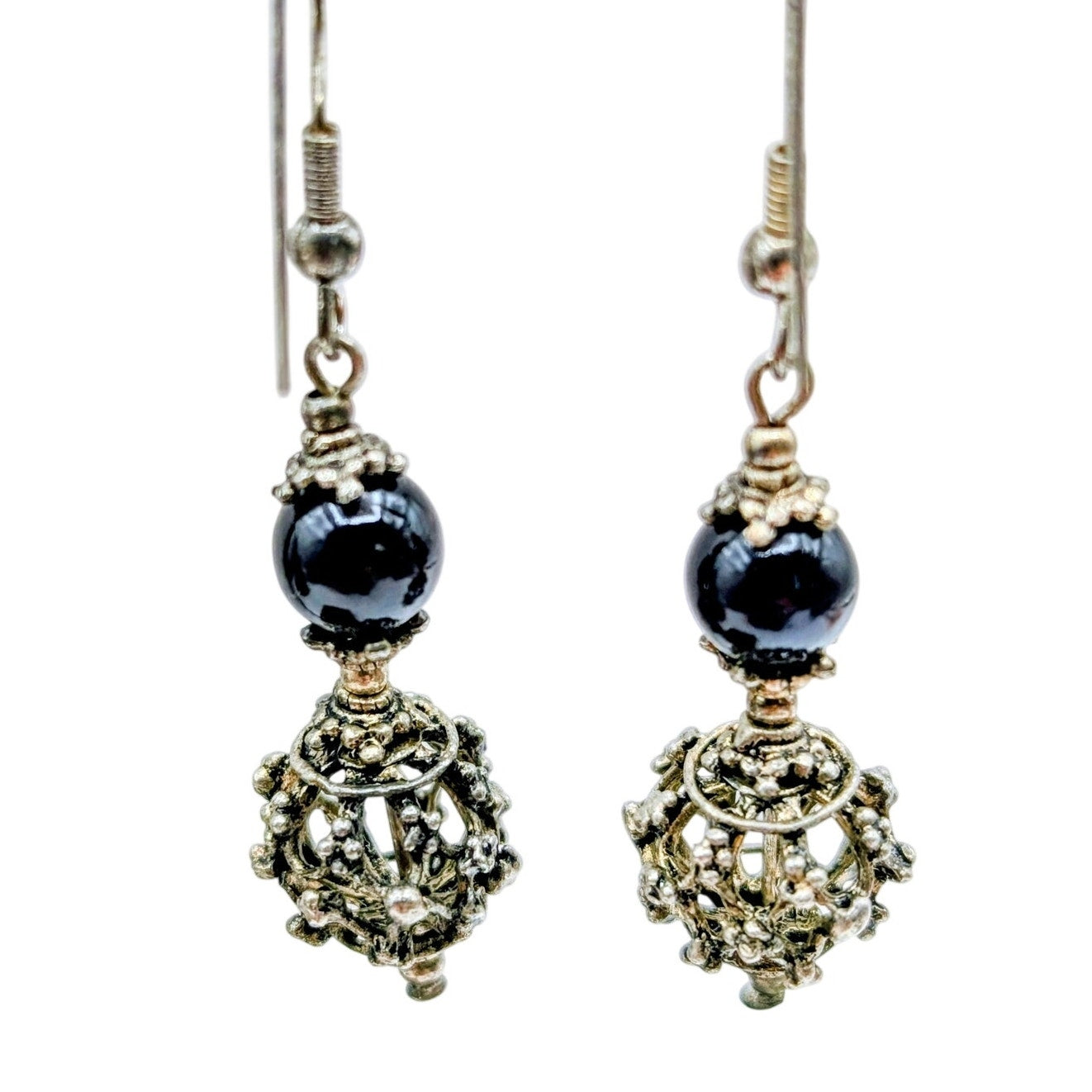 Black Glass & Lacy Silver Tone Ball Bead Dangle Wire Earrings