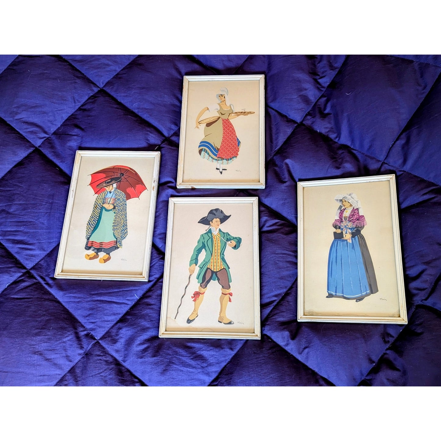 Four 10" x 6.5" Cream Wood Frame Antique/Vtg Signed Fashion Prints Under Glass