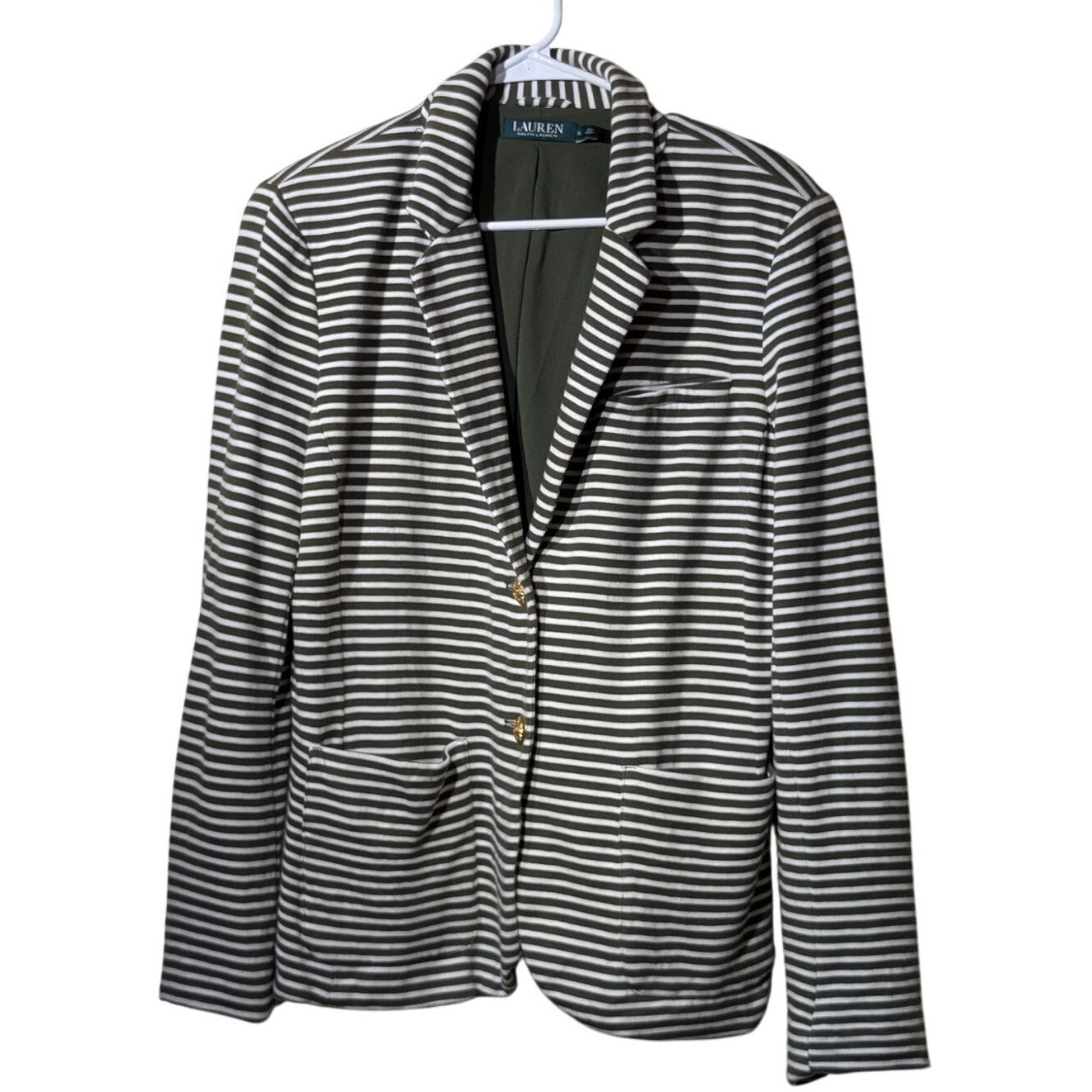 Lauren Ralph Lauren Olive Striped Pique Knit Gold Button Blazer Womens' Sz XL
