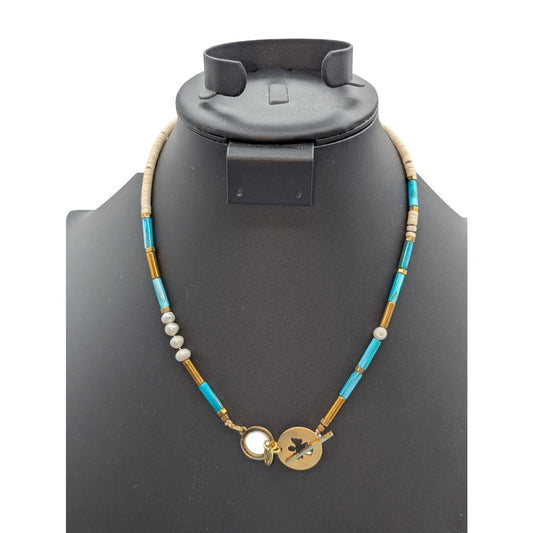 Licinia Guerra Pearl Glass Bead Boho Gold Tone Angel Toggle 19"  Necklace