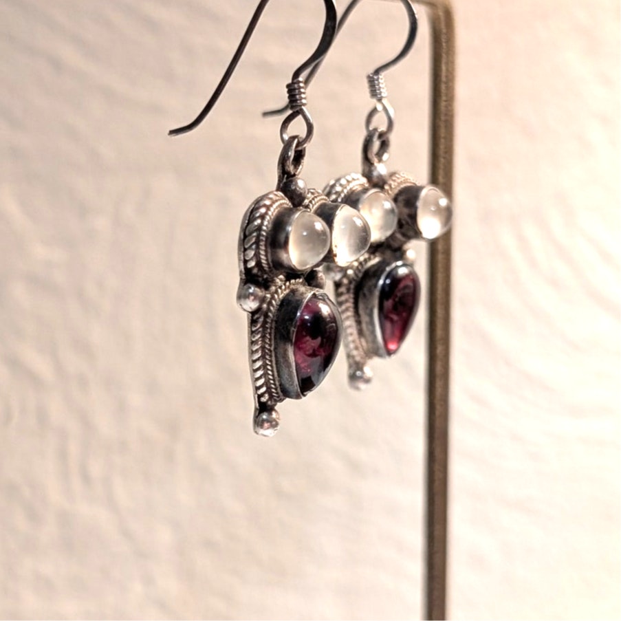 VTG Garnet (January Birthstone)  & Quartz 925 Sterling Silver Dangle Earrings