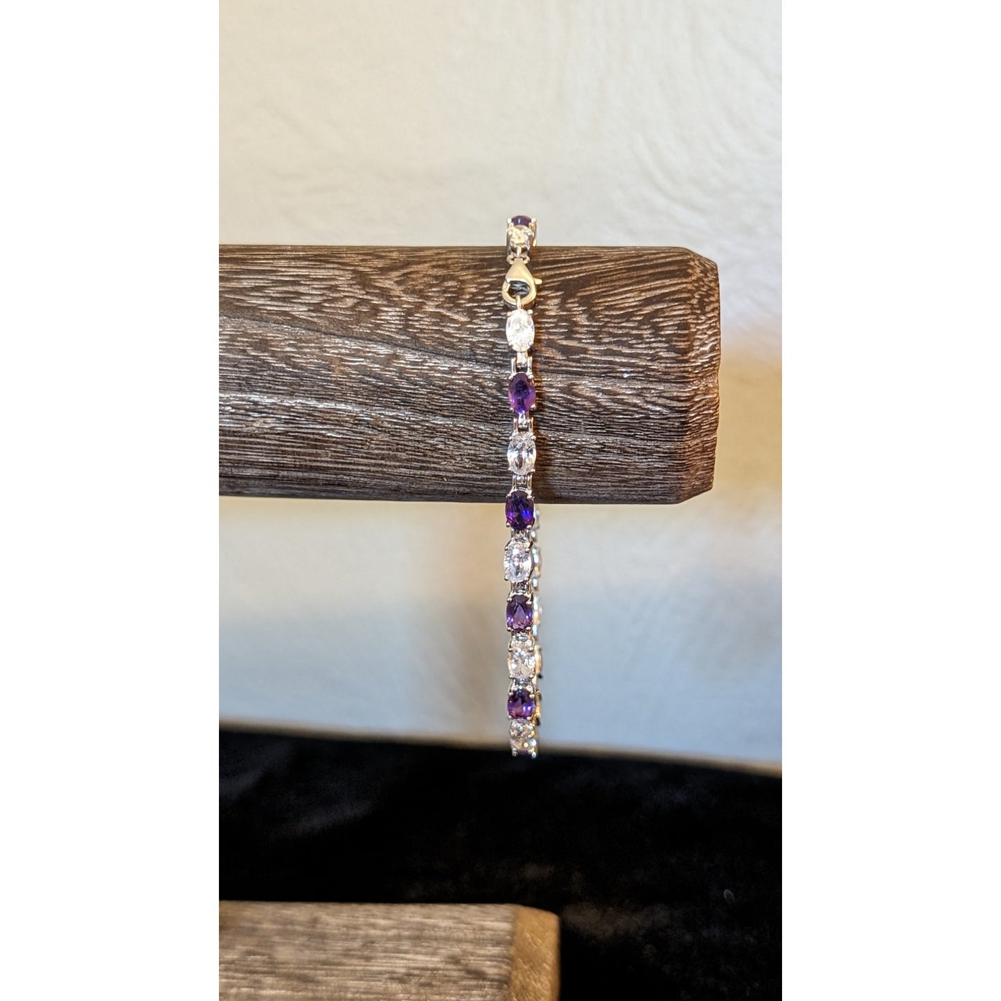 Signed VJ 925 Sterling Amethyst & CZ Tennis Bracelet W/ Lobster Claw Clasp