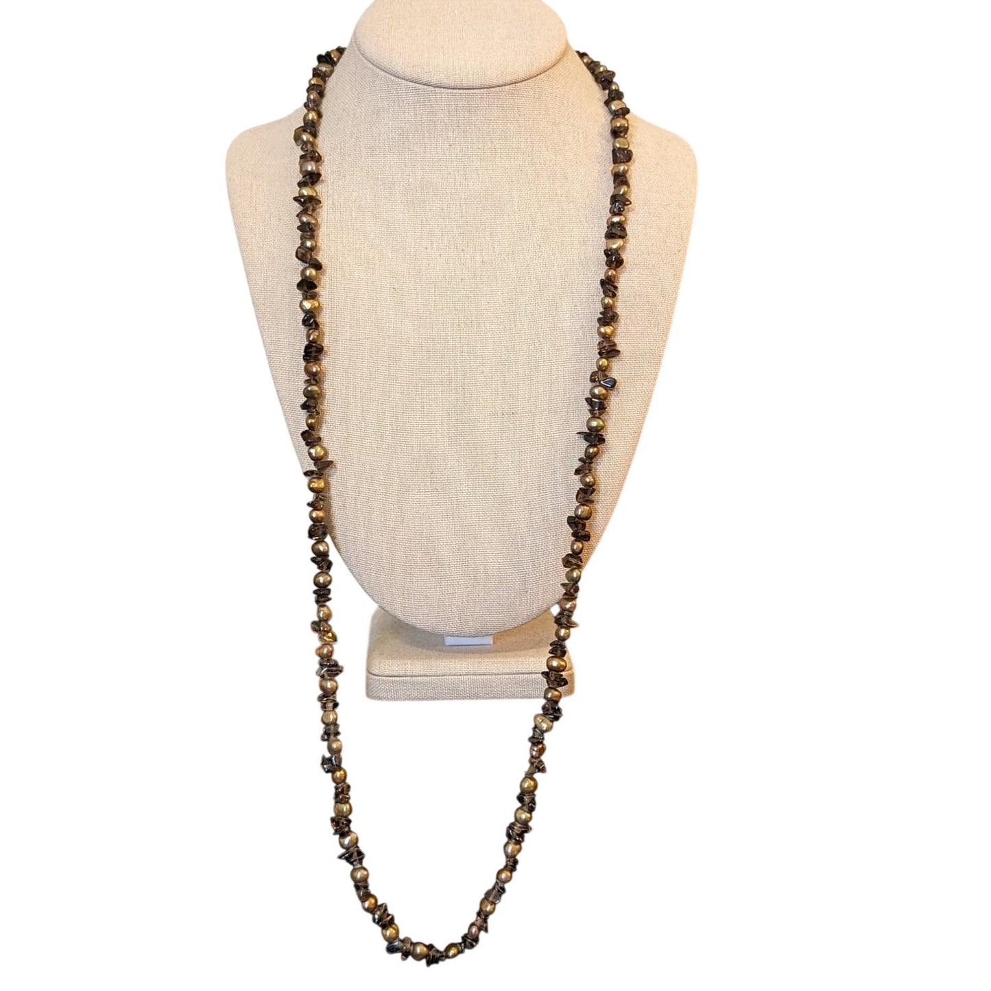 Smoky Quartz Chip Bronze Freshwater Pearl 34" Necklace