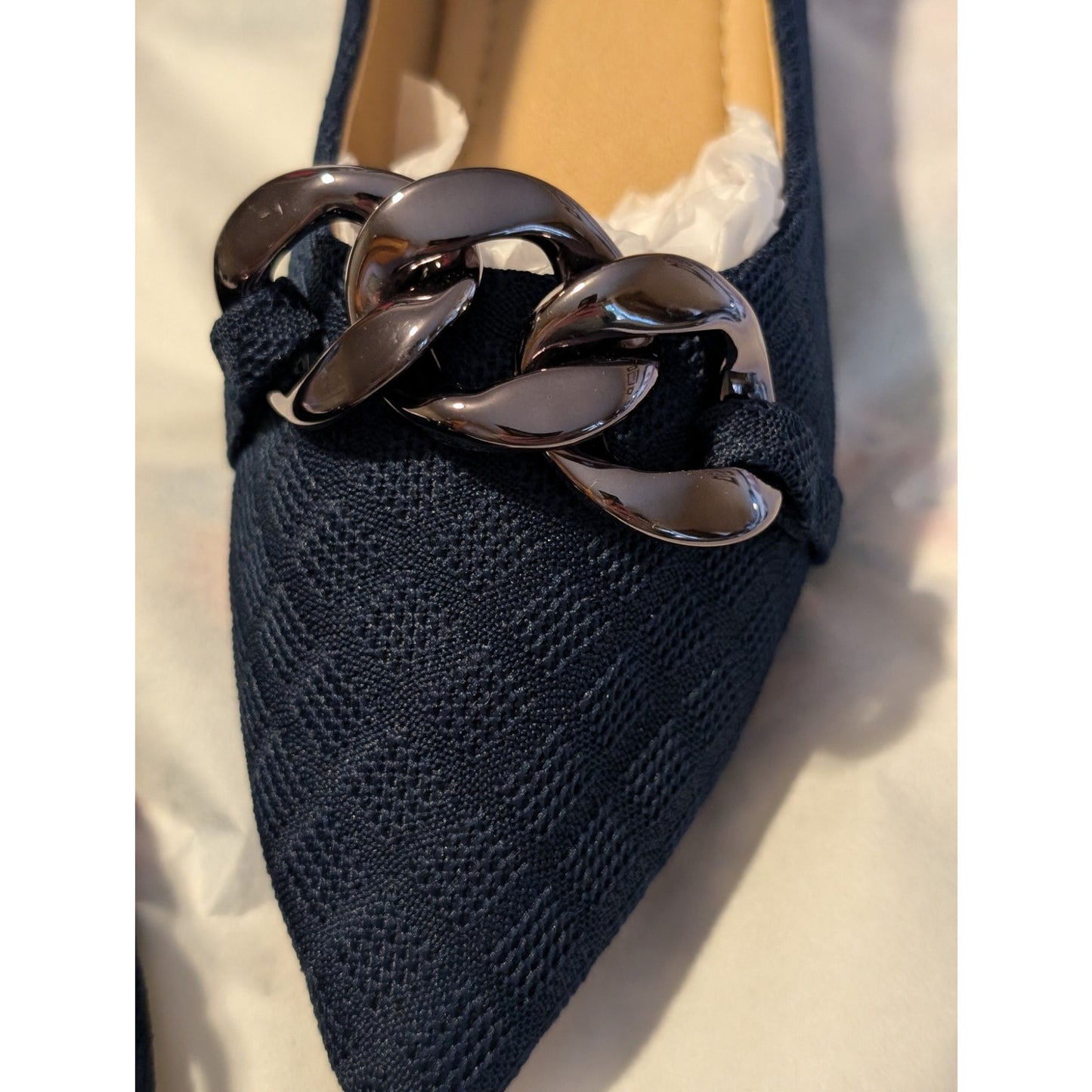 Unbranded Navy Fabric Pointed Toe Gunmetal Chain Smoking Flat Size 39 (EU)
