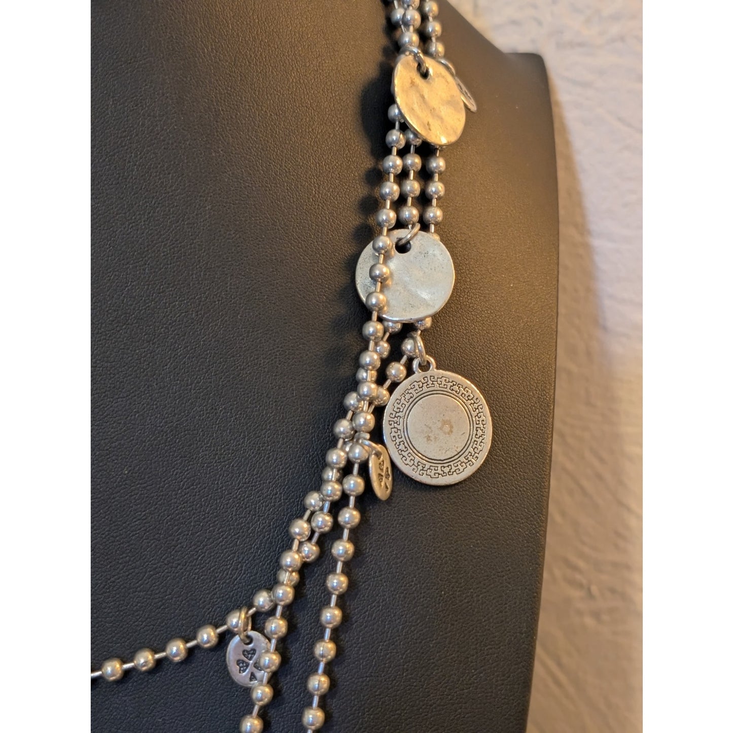 Silver Tone Bead Ball Chain W/ Medallian Charm Dangles & Lobster Claw Clasp