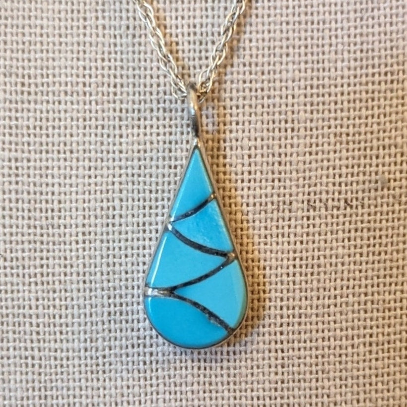 925 Silver Reversible Turquoise & Mother of Pearl Teardrop Pendant 18" Necklace