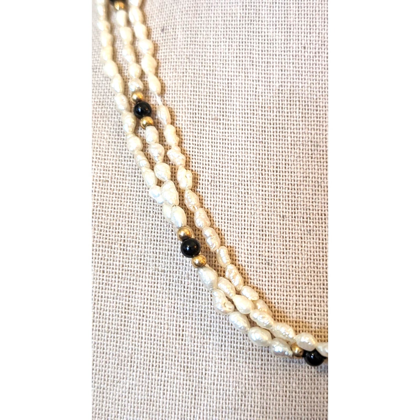 Needs Restrung 14k Yellow Gold Pearl & Onyx Bead Three Strand 17" Necklace