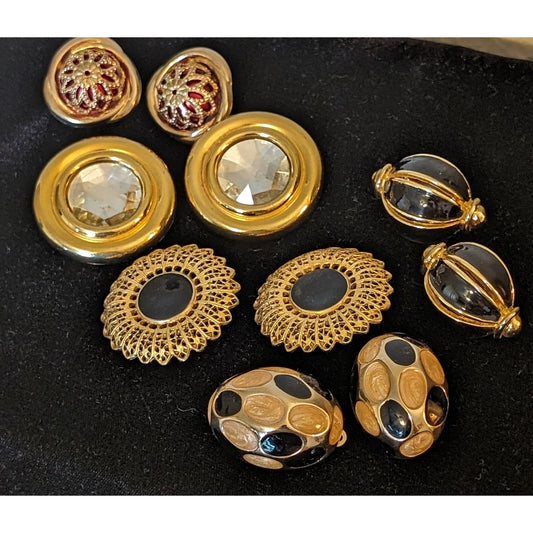 Vintage Five Pair Substantial Clip On Gold Tone Metal Earring Lot