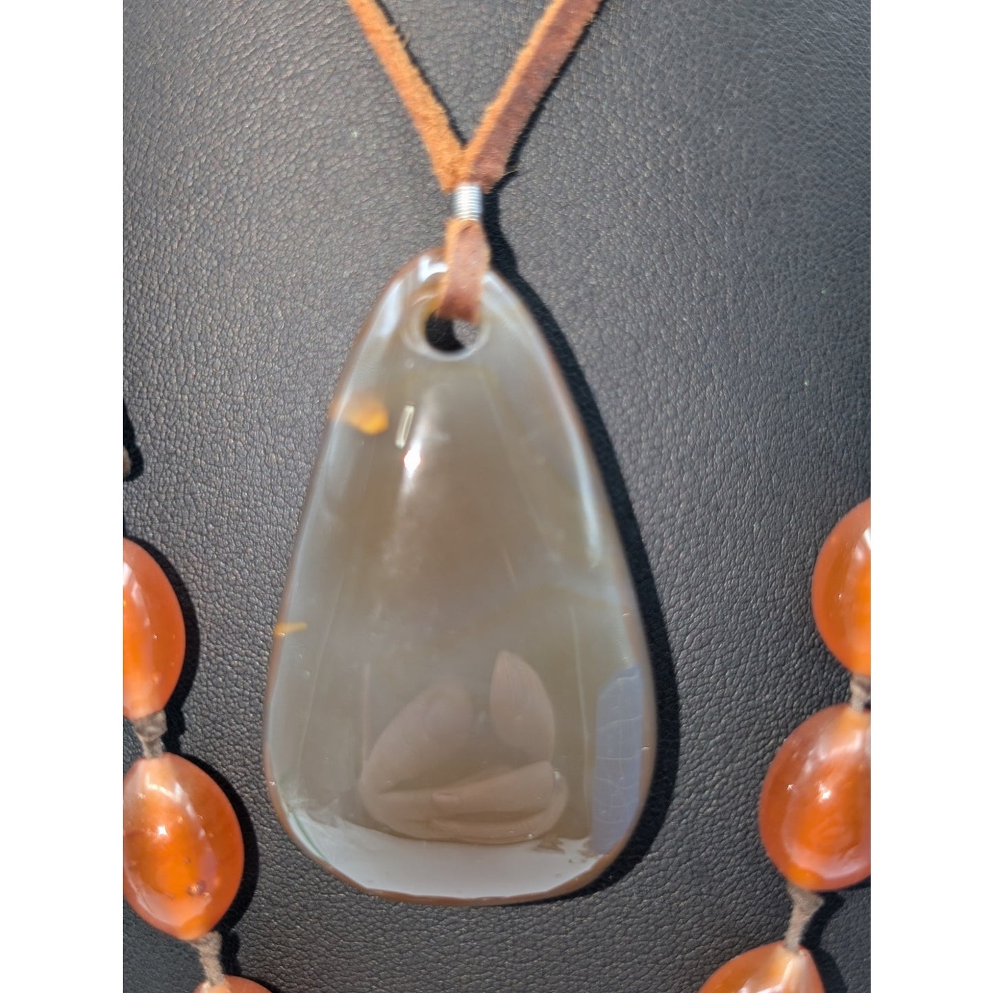 Two Boho Beaded Leather Cord Brown Tone Stone & Glass Bead Necklaces