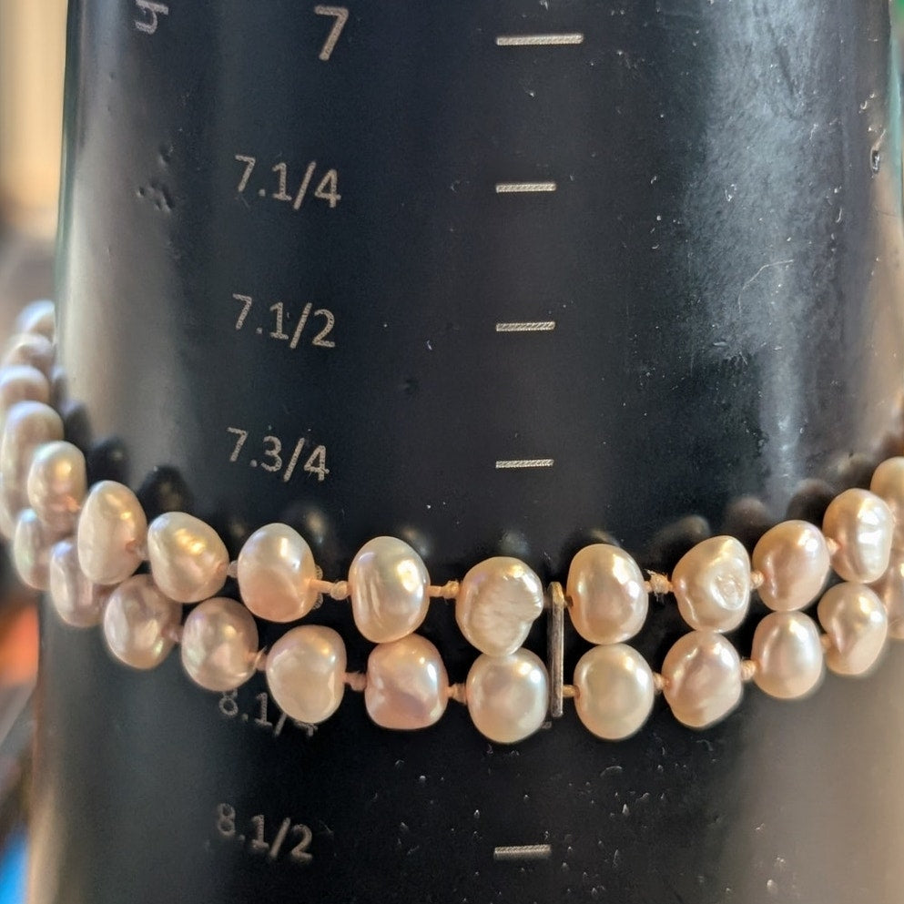 Pink Freshwater Pearl Double Strand Knotted Sterling Silver Clasp 8.25" Bracelet