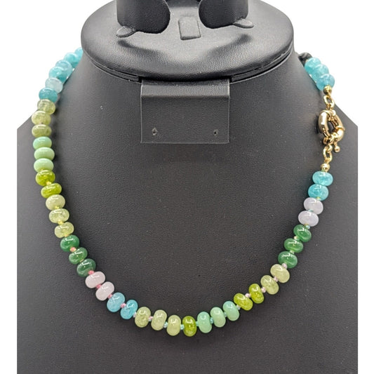 Green Blue Natural Gemstone Beaded Hand Knotted Choker 17.5" Necklace