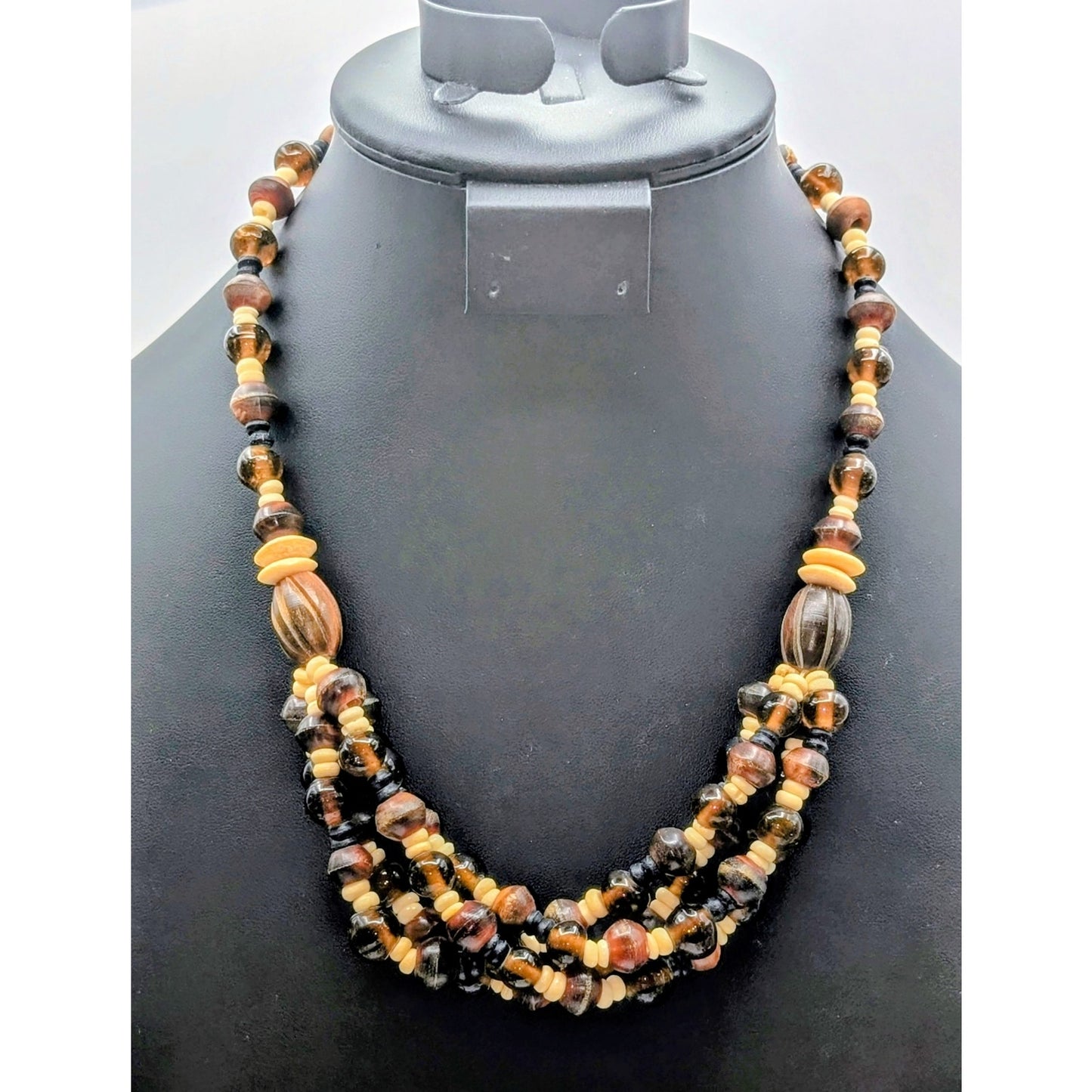 Vintage Amber Cream & Brown Bone Glass Wood Bead Tribal Hook Clasp Necklace