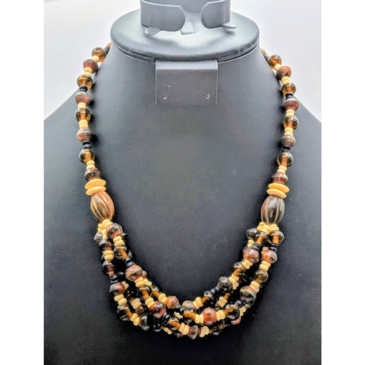 Vintage Amber Cream & Brown Bone Glass Wood Bead Tribal Hook Clasp Necklace