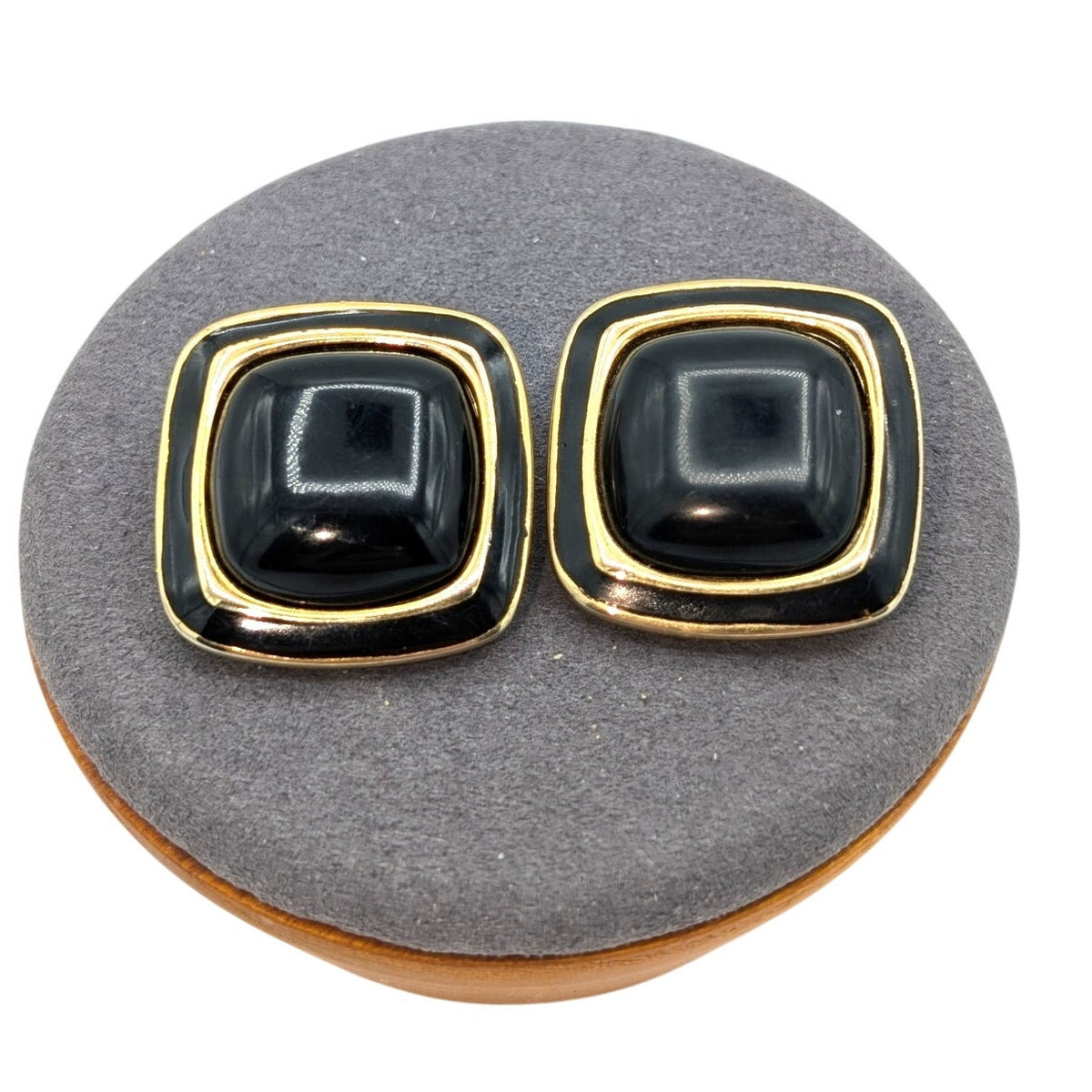 Vintage Black & Gold Tone Square Clip On Earrings