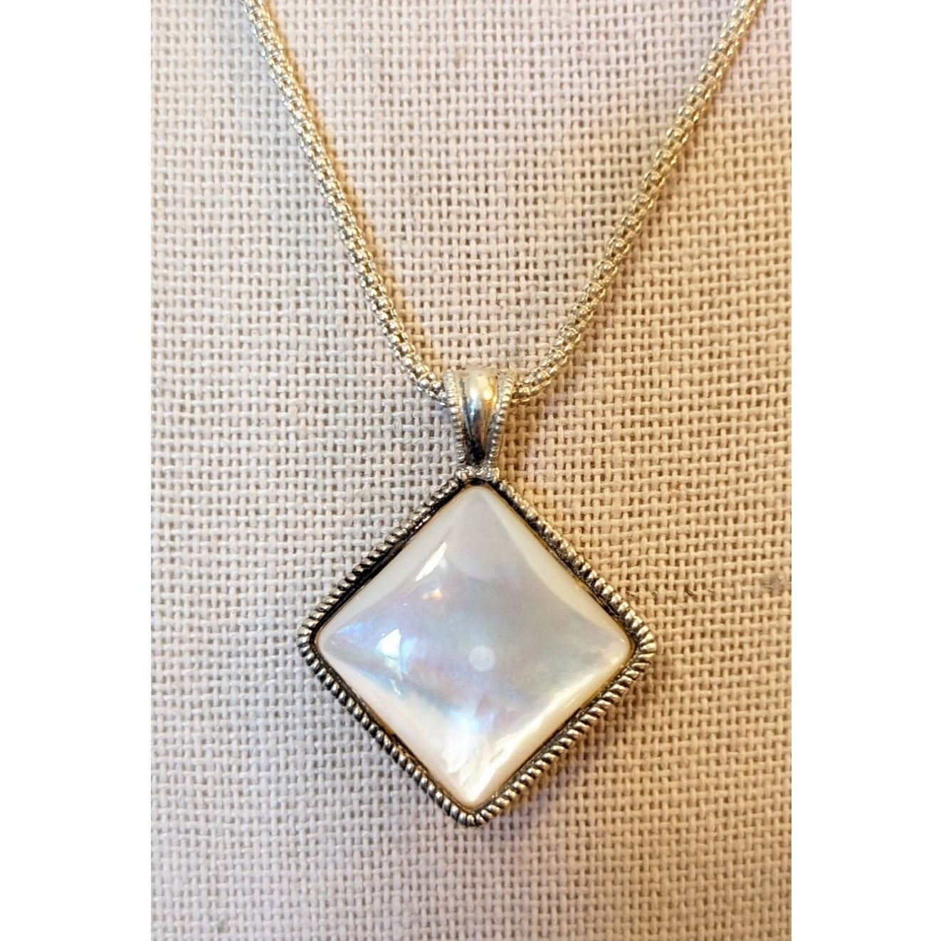 Sterling Silver Two-Sided Mother of Pearl Filigree Pendant Mesh Chain Necklace