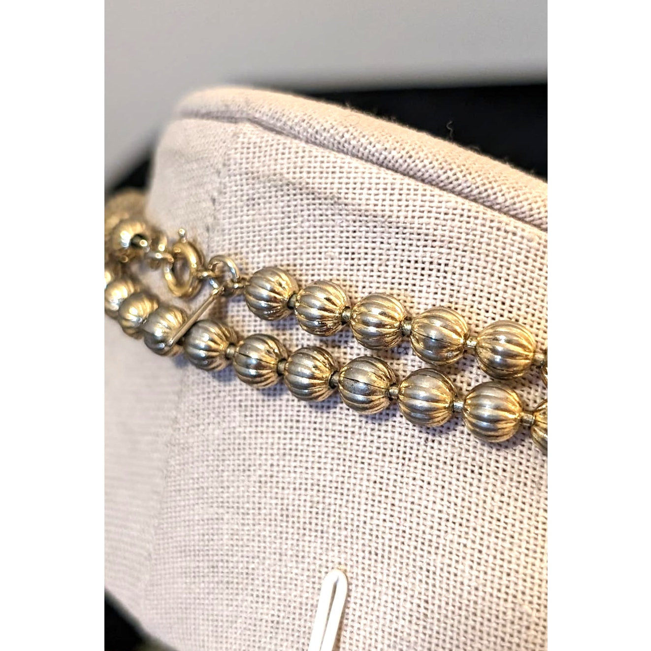 Vintage Monet Light Gold Tone Textured Round Bead Necklace 54"