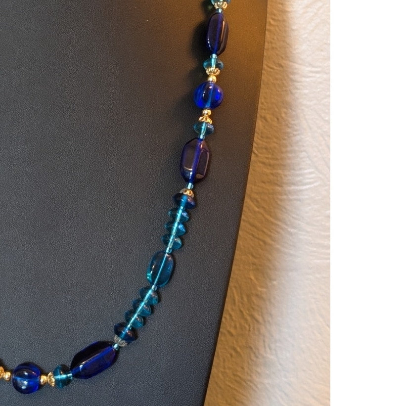 Vintage Multi Shades of Blue Beads Fish Hook Clasp Necklace