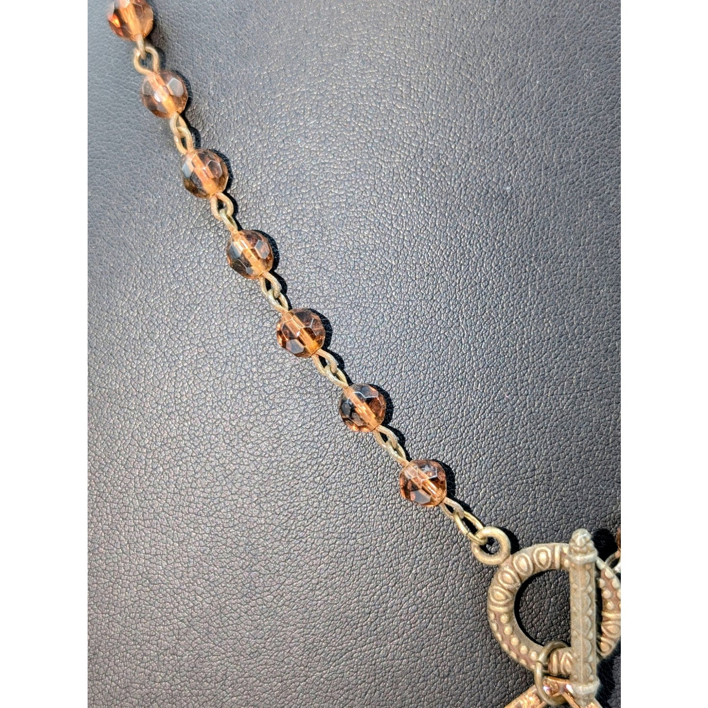 Vtg Amber Color Czech Glass Bead Toggle Clasp Rhinestone Pendant 21" Necklace