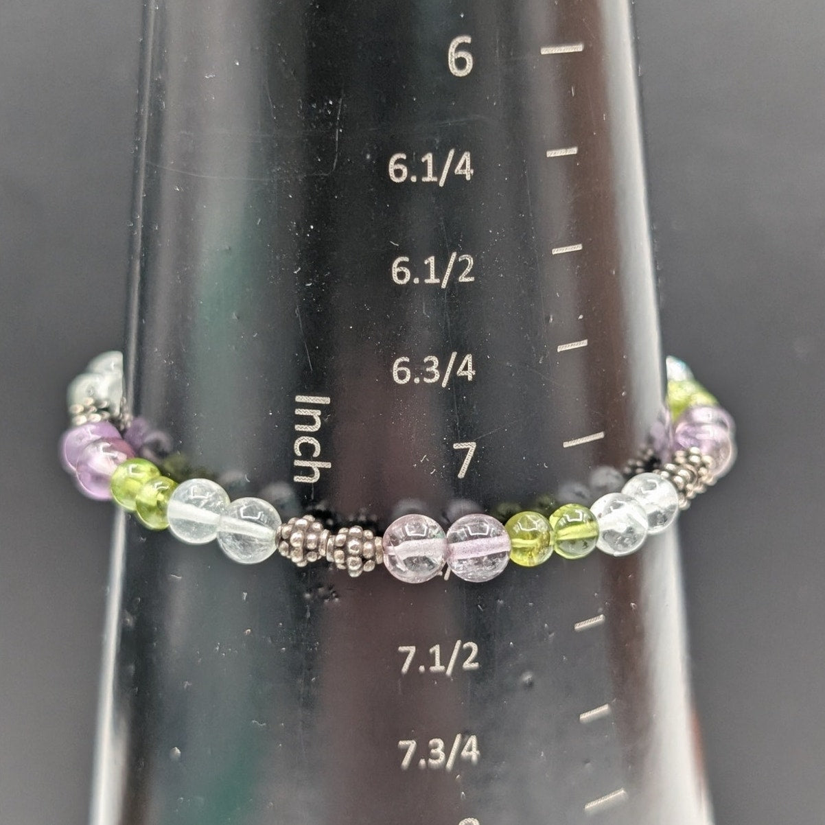 Amethyst Peridot Quartz & Silver Beaded Silver Tone Clasp Bracelet