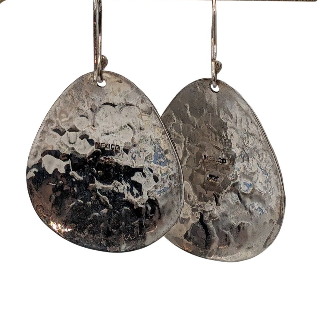 925 Mexico Sterling Silver Hammered Finish Large Teardrop Dangle Wire Earrings
