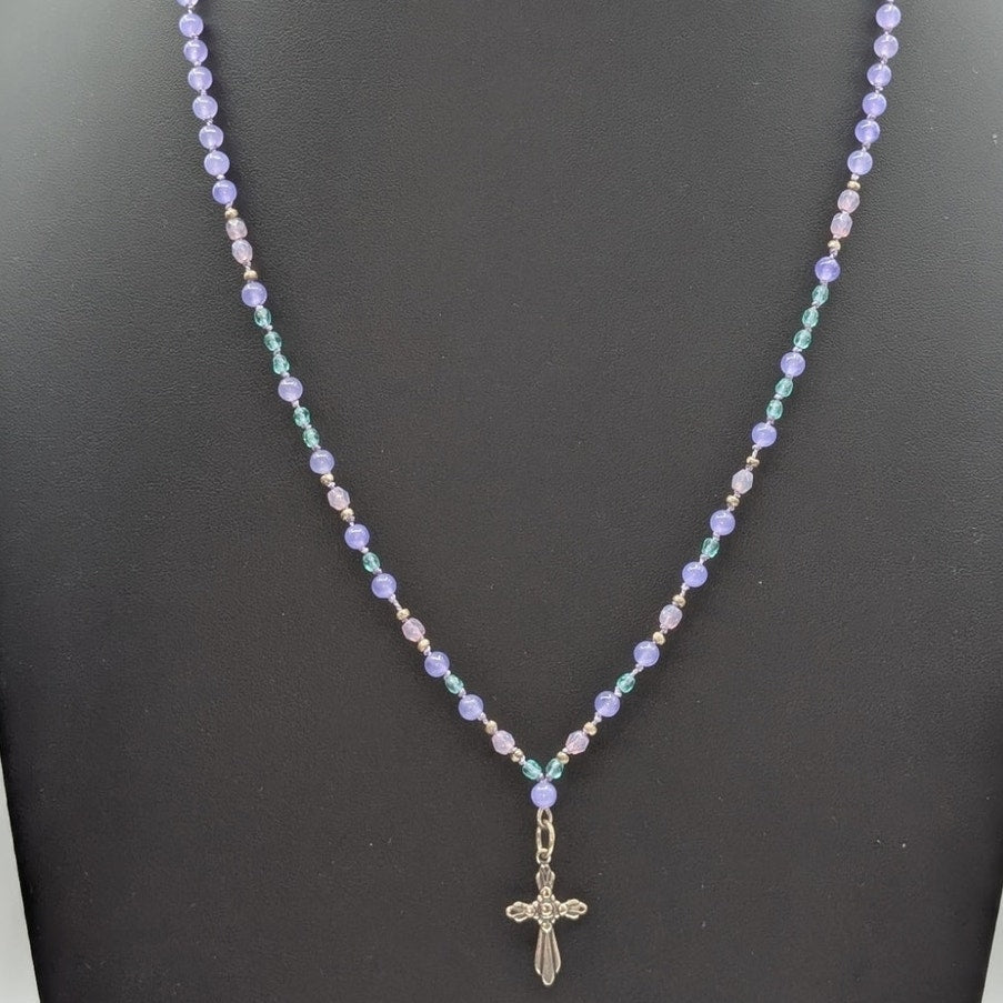 Lavender Blue Glass Bead 925 Sterling Cross 23" Necklace