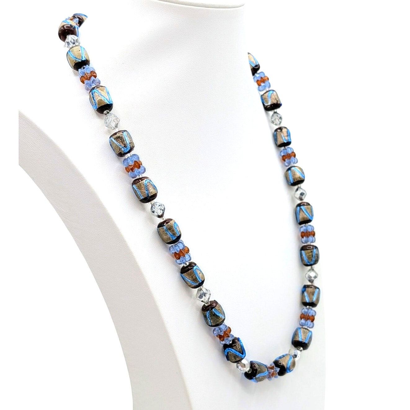 Vtg Brown & Electric Blue Japanese Foil Glass Bead Necklace & Clip Earring Set