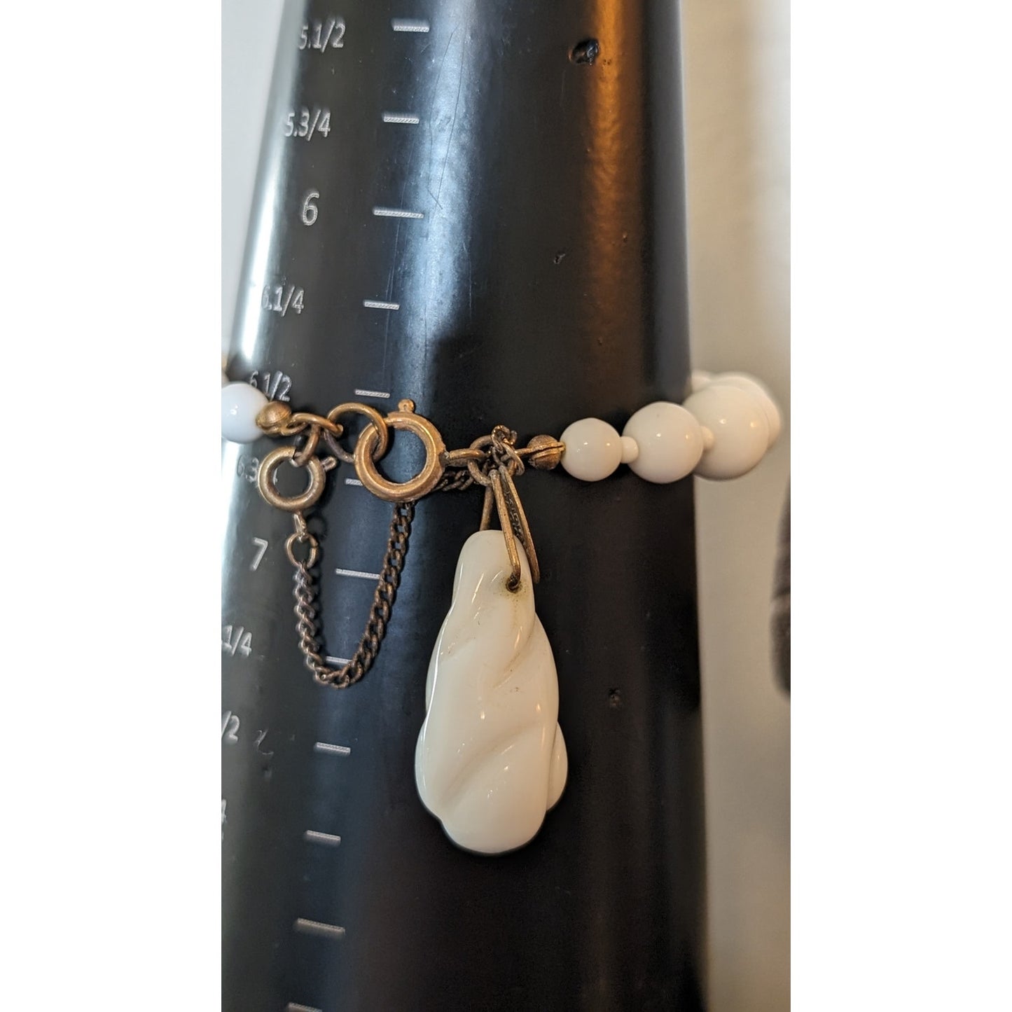 Miriam Haskell White Milk Glass Bead Dangle Charm Safety Chain Signed Bracelet