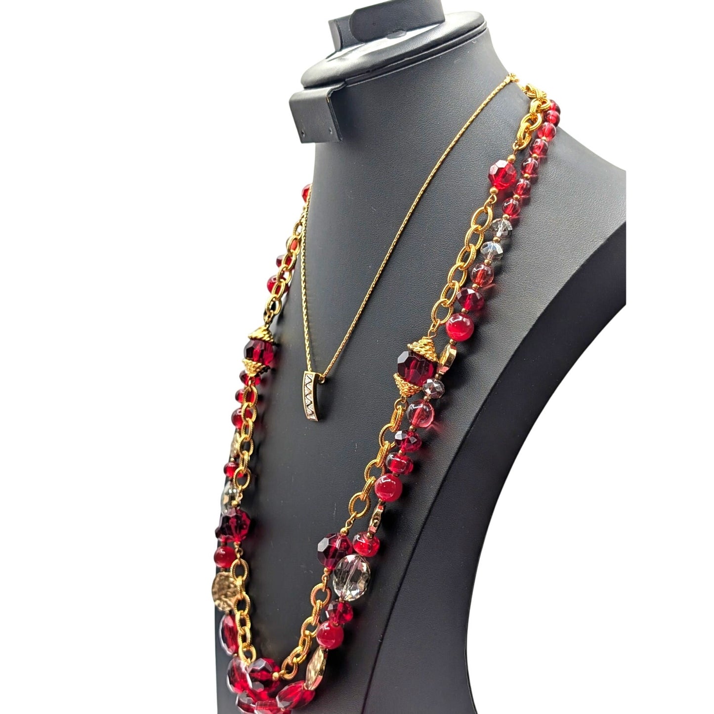 Lot of Three Coordinating Gold Tone & Red Bead Necklaces