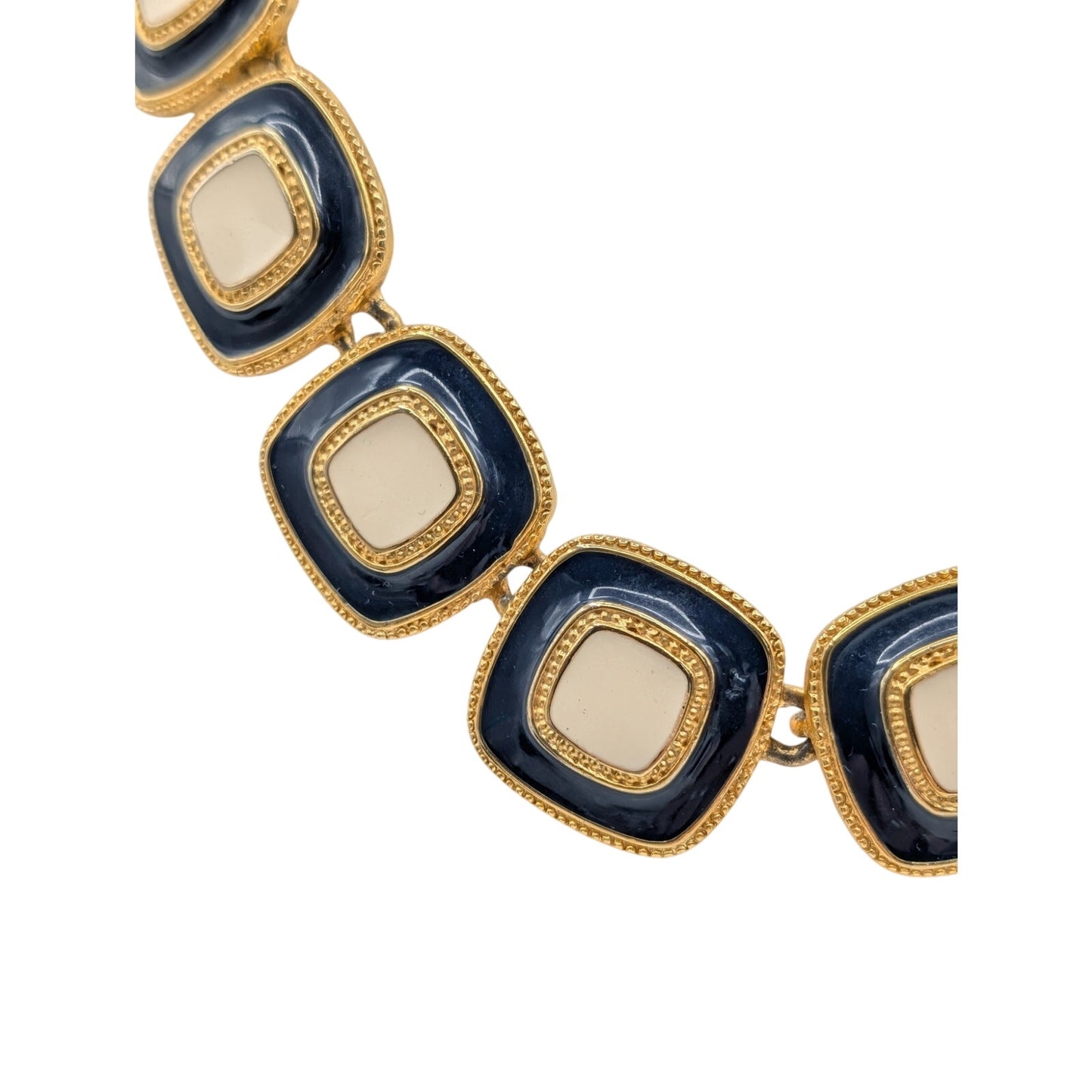 Vintage 80s Chunky Navy Cream Enamel Gold Tone Chain Fold Over Clasp Necklace