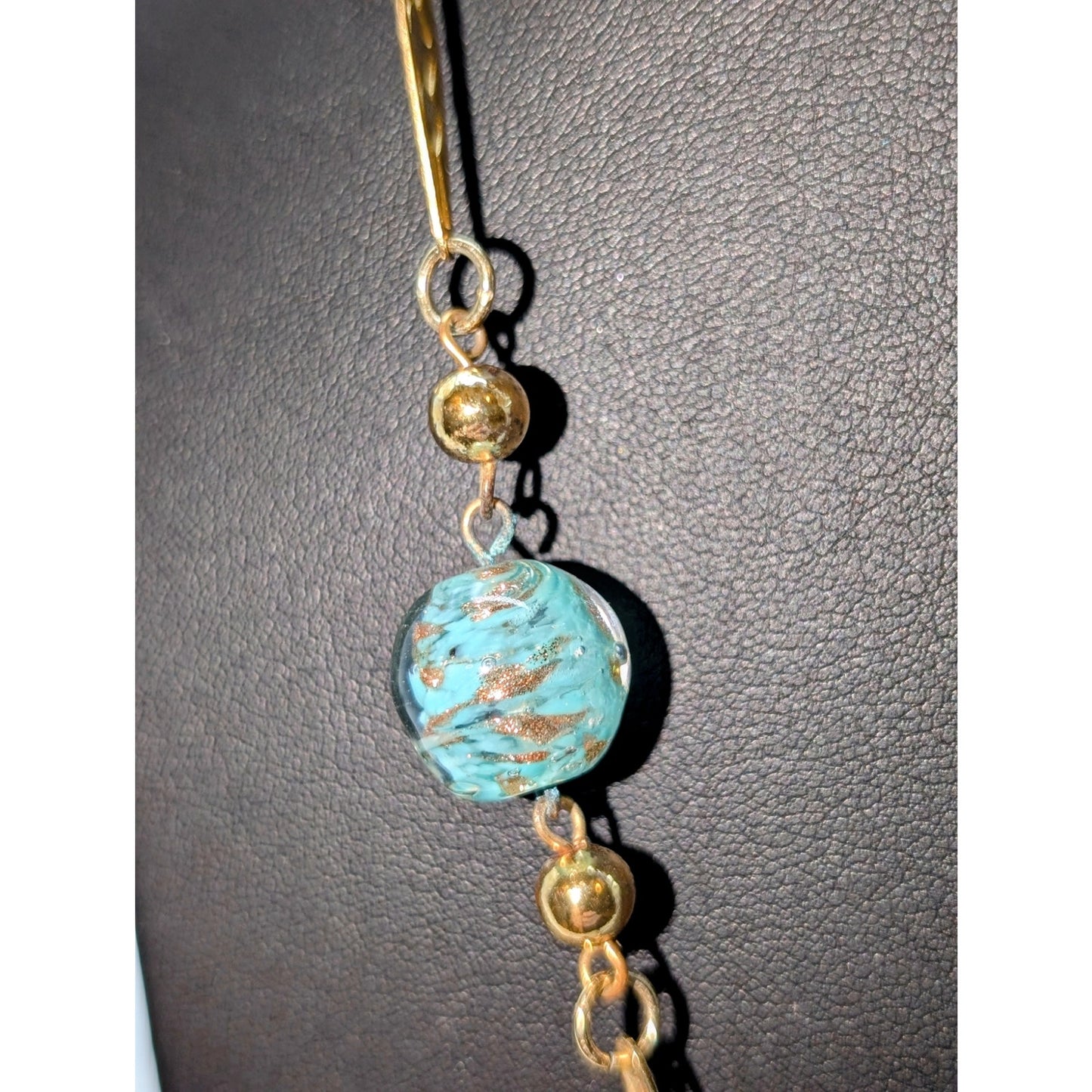 Vintage Blue Gold Glitter Glass Lampwork Pearl Gold Tone Chain Necklace Lot