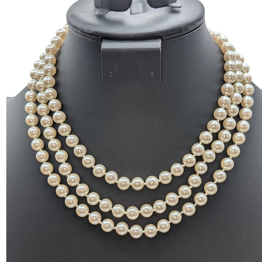 Carolee Three Strand Glass Faux Pearl Fancy Clasp Slide In 17" Necklace