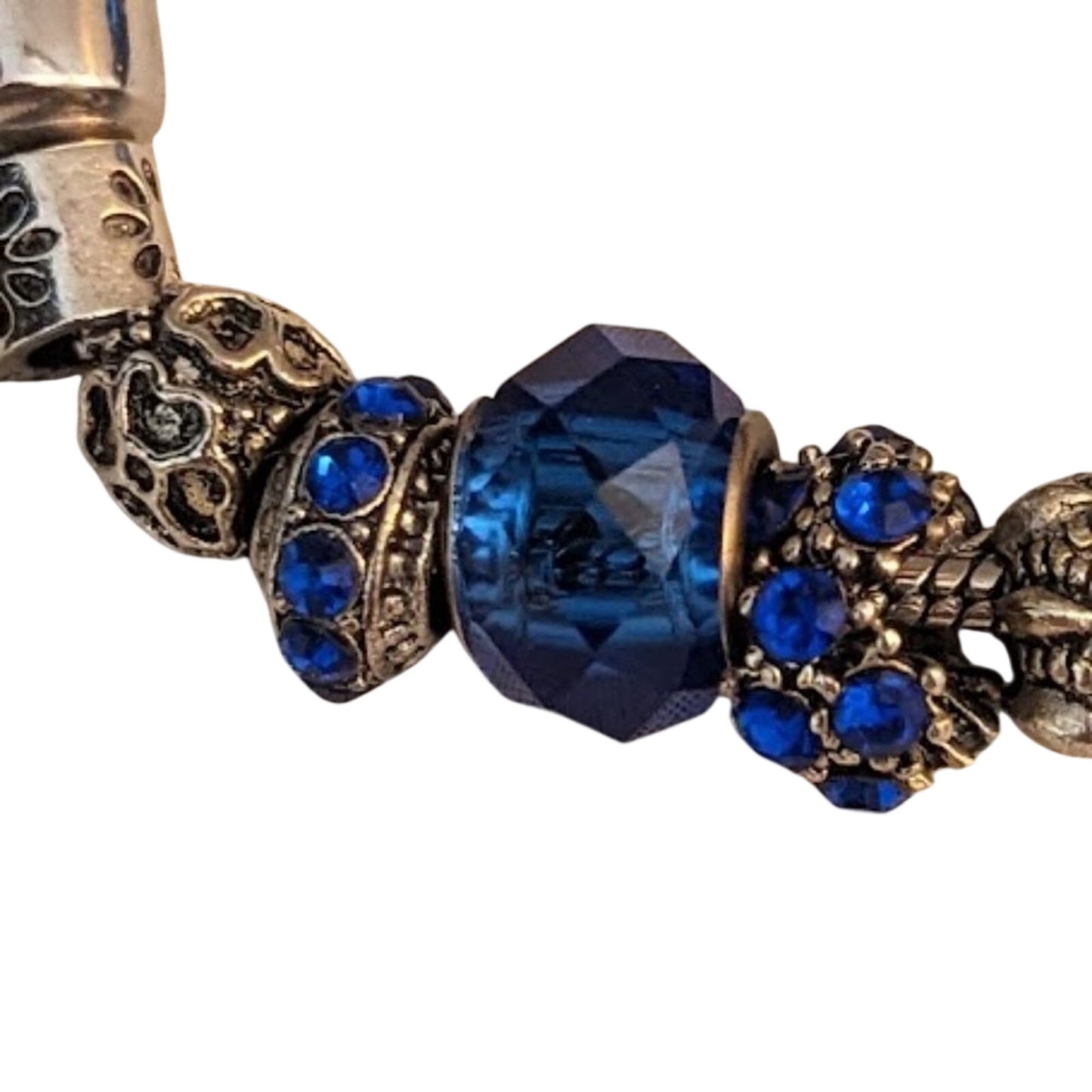 Charm Bracelet With Blue Crystal Beads in Silver Tone Metal with Safety Chain