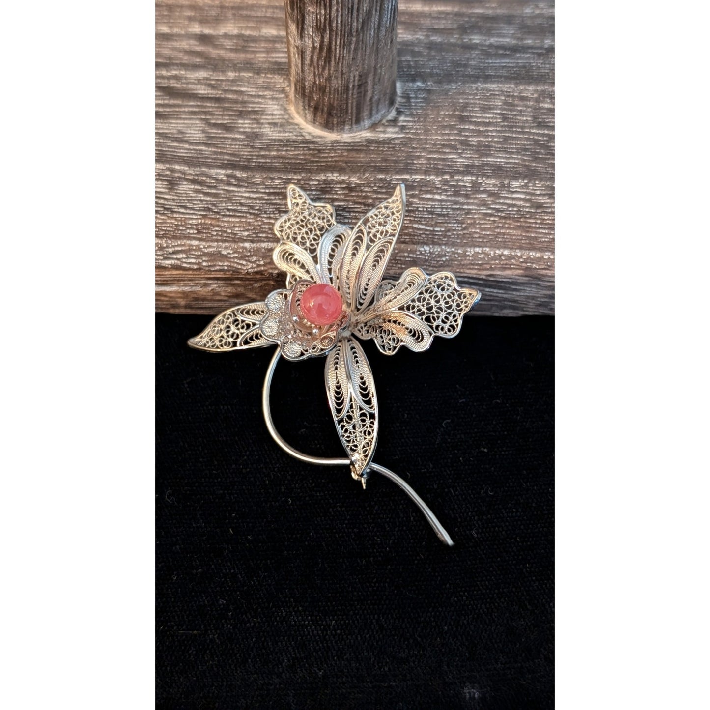 Vintage 900 Silver Italian Filigree Tourmaline Center Orchid Brooch/Pin