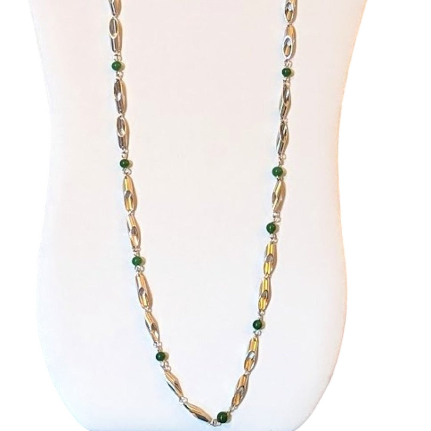 Vintage Barrel Clasp Silver Tone Tubular Green Bead Lightweight 30" Necklace