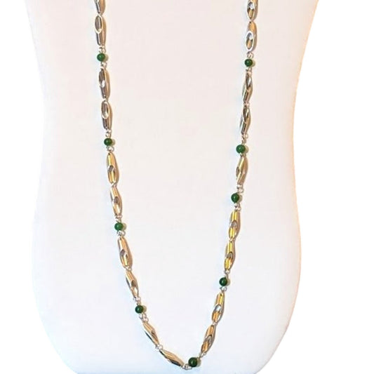 Vintage Barrel Clasp Silver Tone Tubular Green Bead Lightweight 30" Necklace