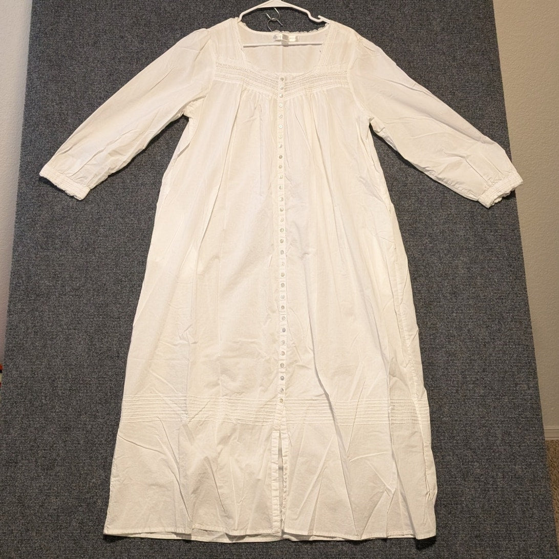 Eileen West Sleepwear White Lace Full Front Button Fine Cotton Night Gown Sz L