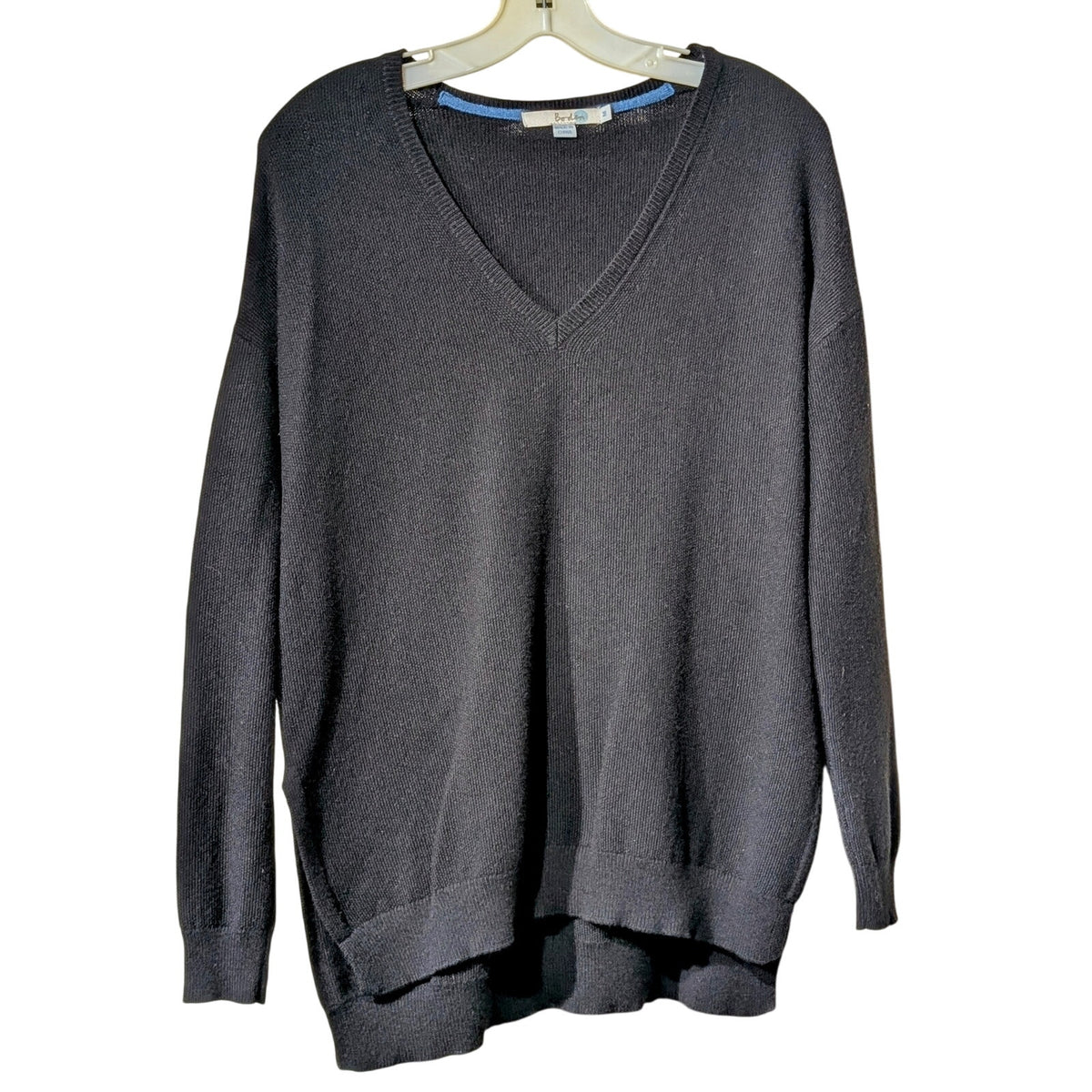 Boden Black Pique Wool Viscose Blend Knit V Neck High Low Sweater Womens M