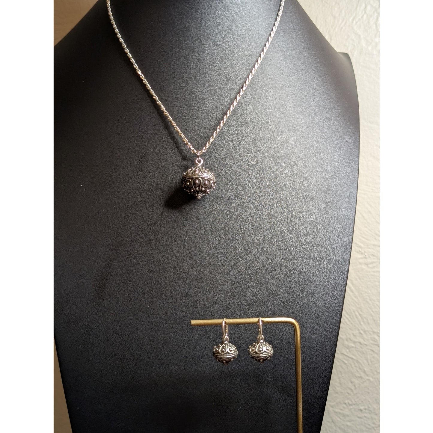 VTG 925 Italy SS Rope Chain Bali Ball Pendant & Hoop Dangle Earring Set 24.39g