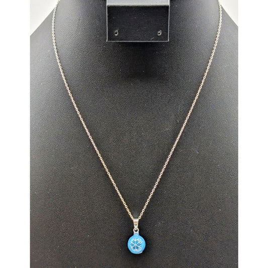 925 Sterling Silver Blue Glitter Glass Snowflake Bulb Pendant 18" Necklace