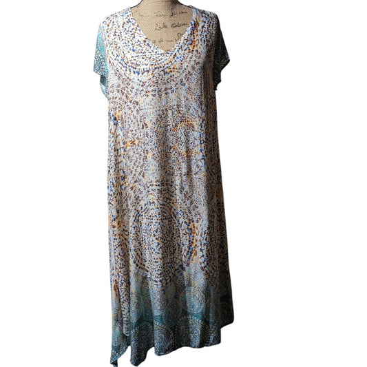 Niche Mandala Print V-Neck Viscose Shift Maxi Asymmetrical Hem Dress Womens Sz L